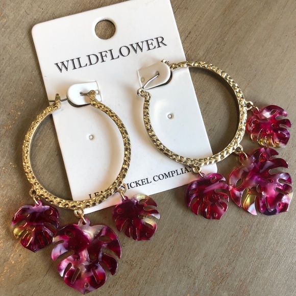 Jewelry - Gold Hoops with Pink Dangle Leaves Earrings